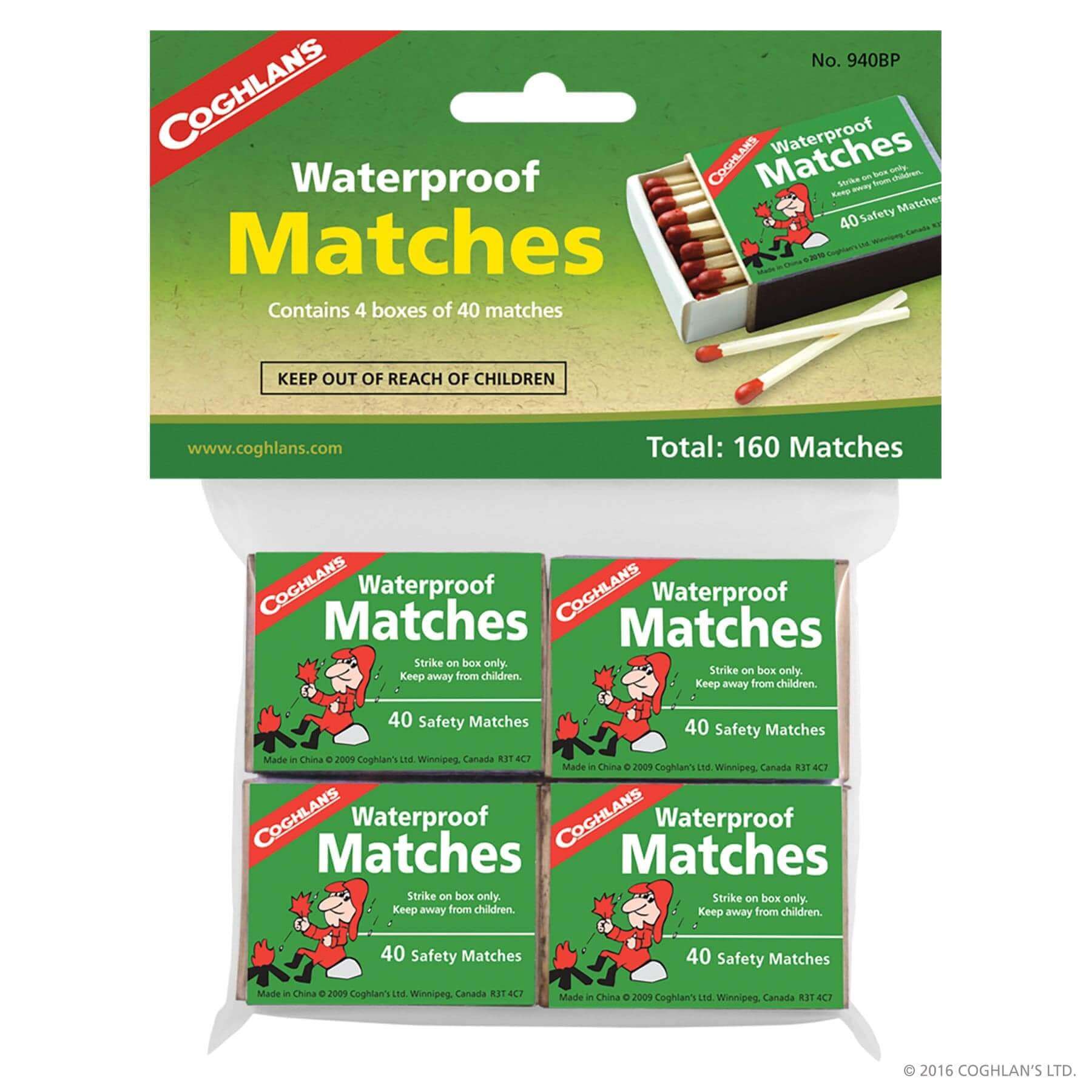 Alt Tag: Coghlans Waterproof Matches pack from Cabin Depot, includes 4 boxes, 160 safety matches for camping, hunting, and outdoor use.