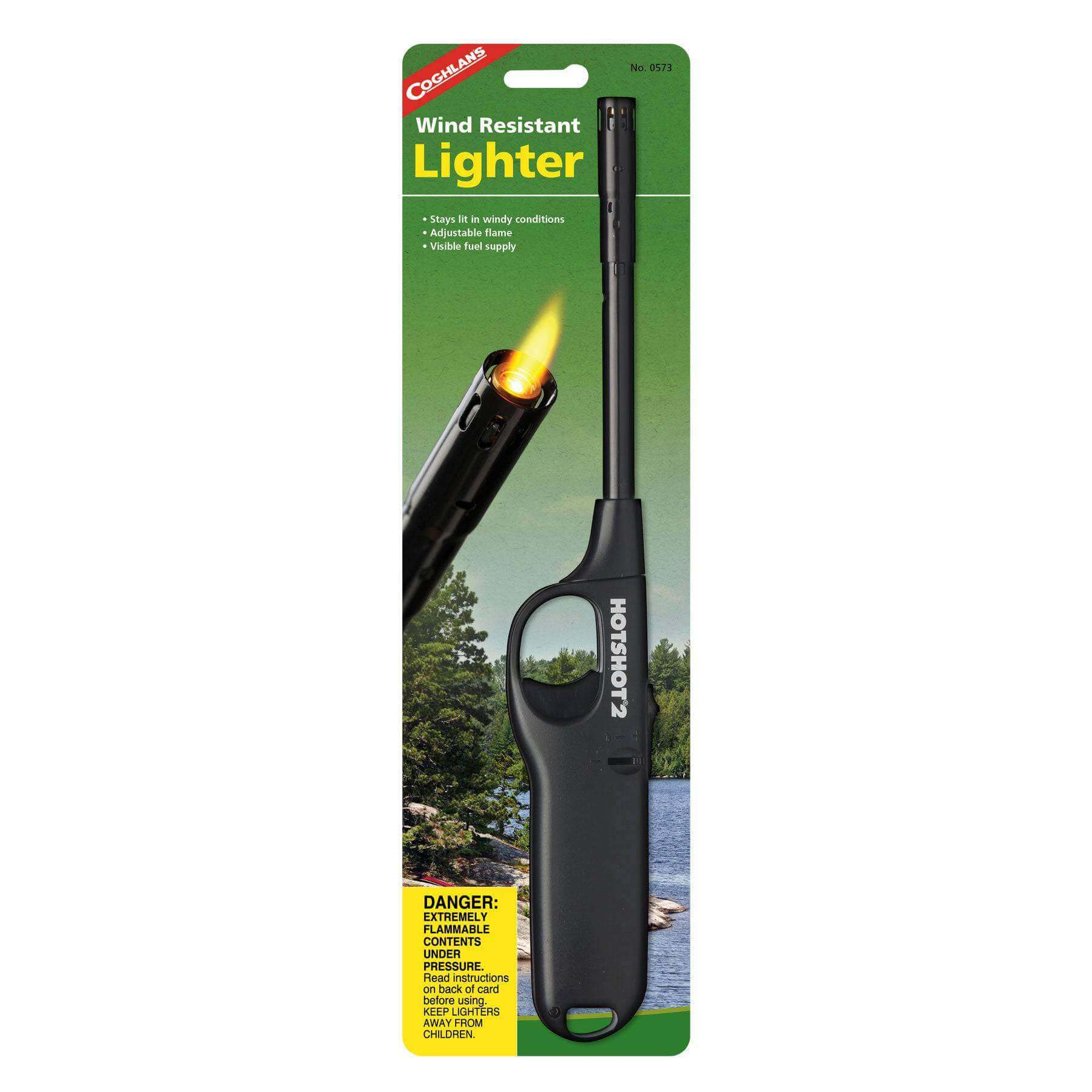 Coghlans Wind-Resistant Lighter for outdoor use, available at Cabin Depot. Ideal for lighting grills and stoves, child-resistant safety.