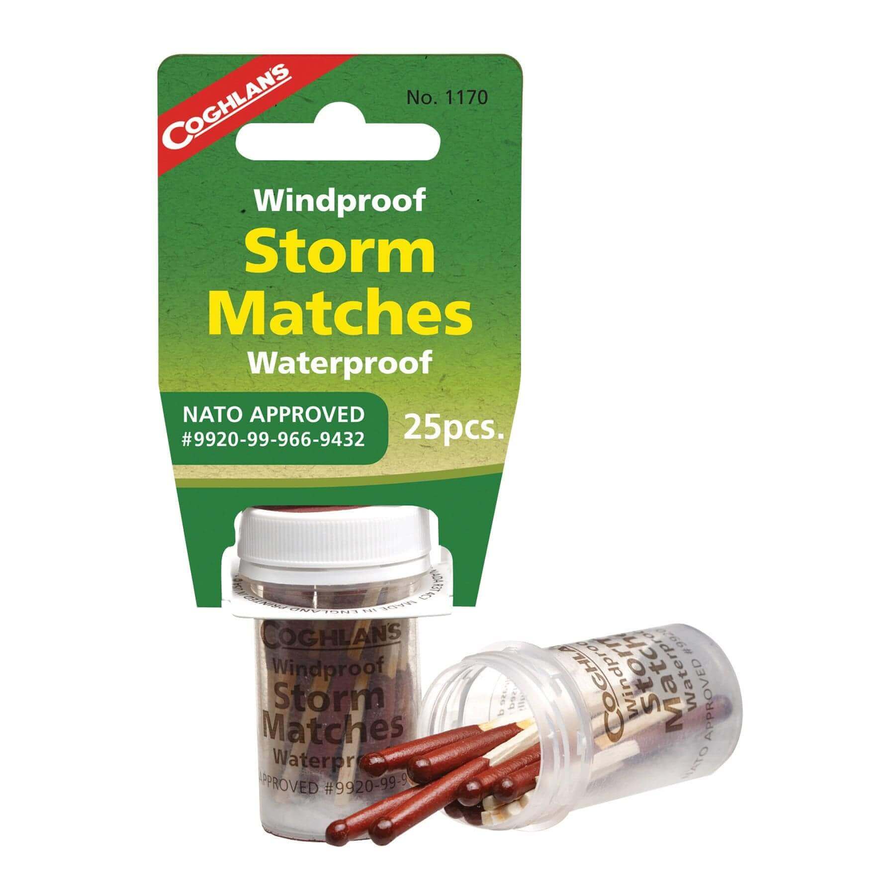 Coghlans Waterproof Windproof Storm Matches pack, 25 pieces, NATO approved for Cabin Depot outdoor survival gear.