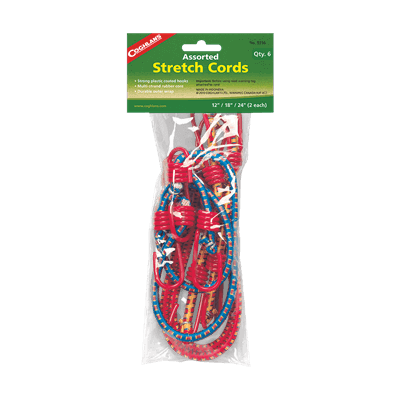 Coghlans Assorted Stretch Cords 6 Pack from Cabin Depot, featuring six durable cords in 3 sizes: 12", 18", and 24", ideal for multiple uses.
