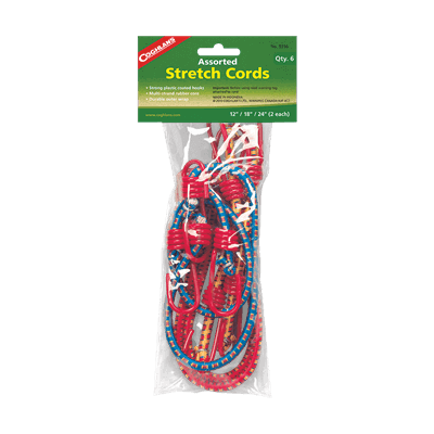 Coghlans Assorted Stretch Cords 6 Pack in packaging - includes 12", 18", and 24" cords for versatile use.