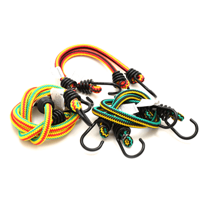 Assorted stretch cords 6 pack with hooks in vibrant colors, ideal for versatile and economical use in 3 different sizes.