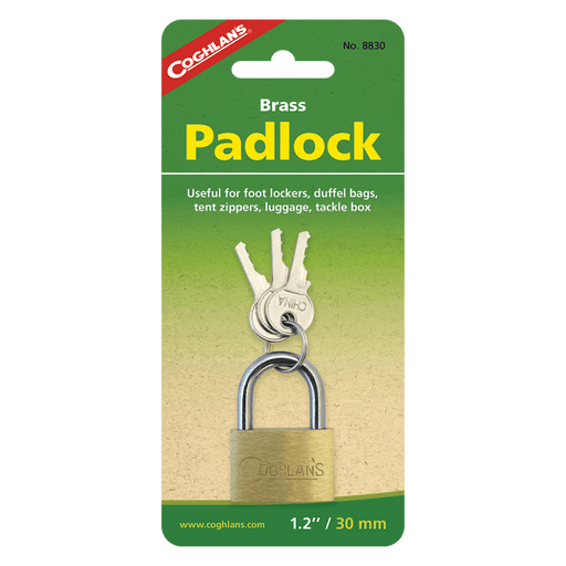 Coghlans Brass Padlock with keys in package, durable 1.2-inch size for securing foot lockers, duffel bags, and luggage.