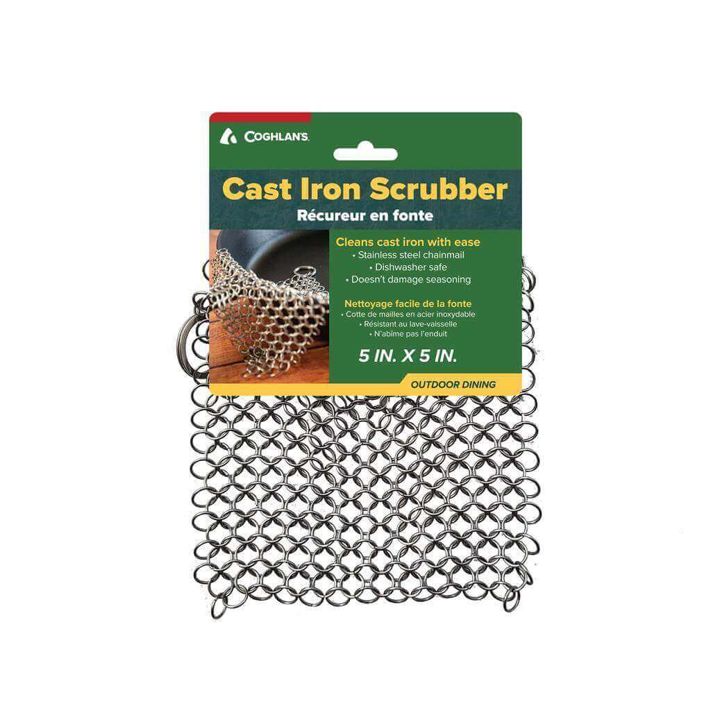 Coghlans Cast Iron Scrubber - Stainless Steel Chainmail from Cabin Depot, durable and dishwasher safe for camping use.