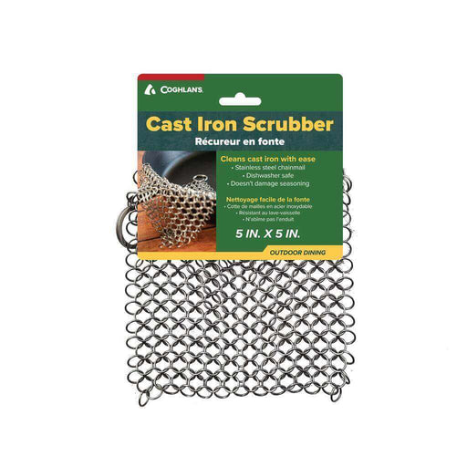 Coghlans Cast Iron Scrubber packaging with stainless-steel chainmail, ideal for cleaning cast iron cookware, 5 x 5 inches.