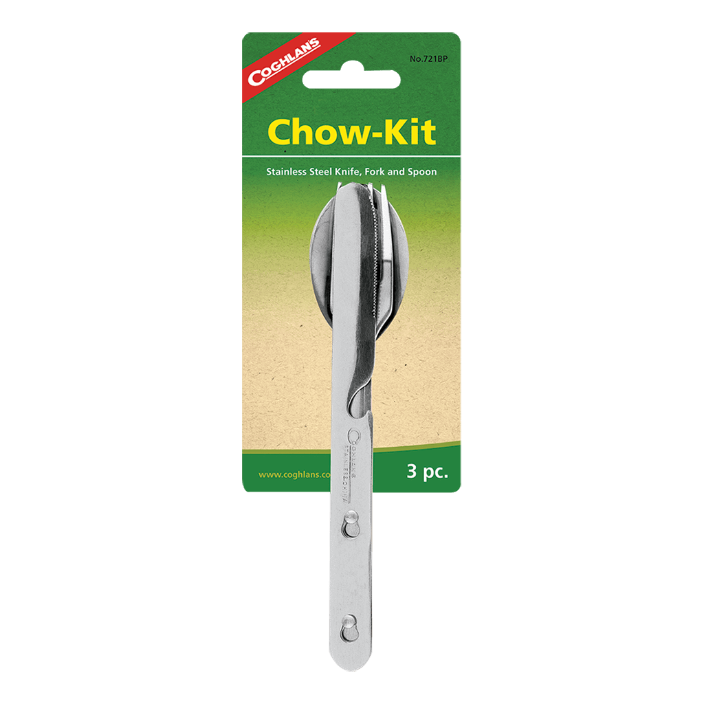 Coghlans Chow Kit stainless steel knife, fork, and spoon set from Cabin Depot, ideal for camping and easy storage, product packaging image.