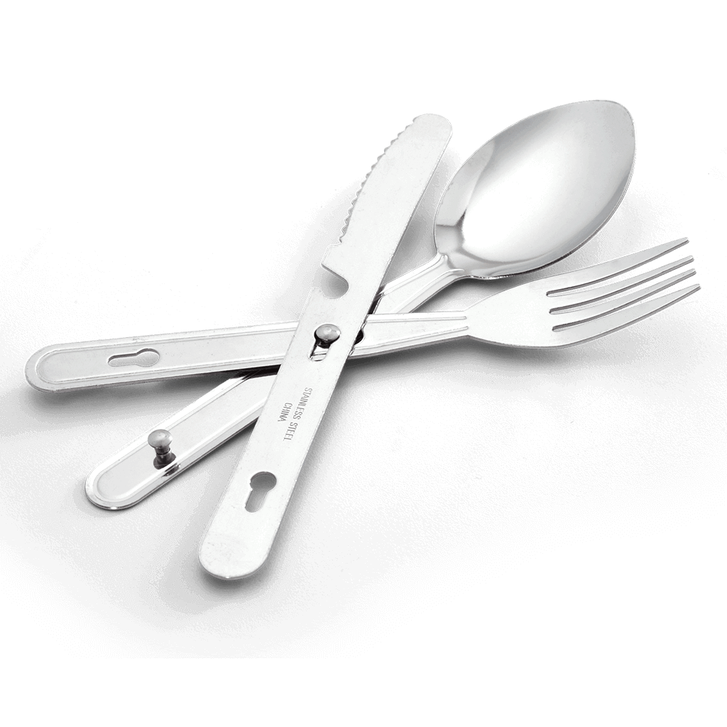 Coghlans Chow Kit stainless steel cutlery set with knife, fork, and spoon perfect for camping by Cabin Depot. Compact and portable.