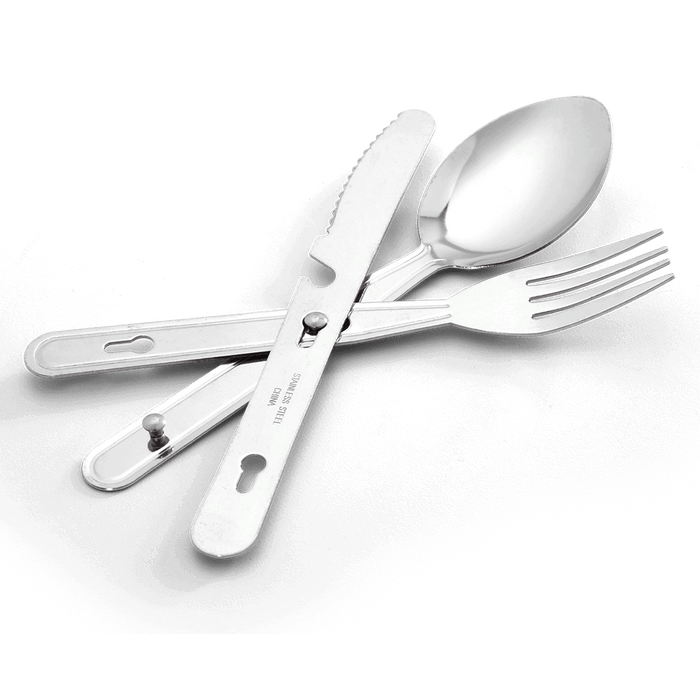 Stainless steel knife, fork, and spoon set by Coghlans, compact design, perfect for easy carrying and storage, weighs 2.5 oz.