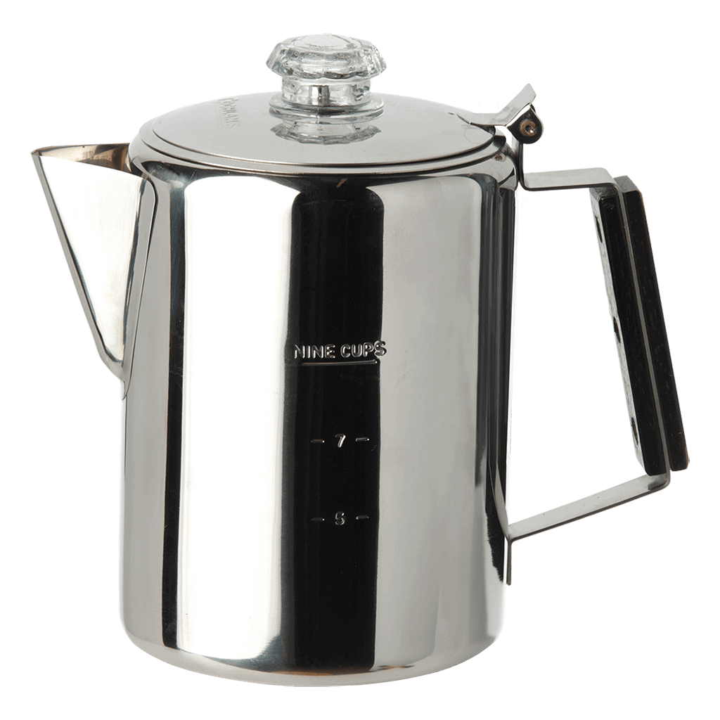 Coghlans 9 Cup Coffee Pot Stainless Steel with clear dome at Cabin Depot - Durable percolator with wood handle, dishwasher safe.