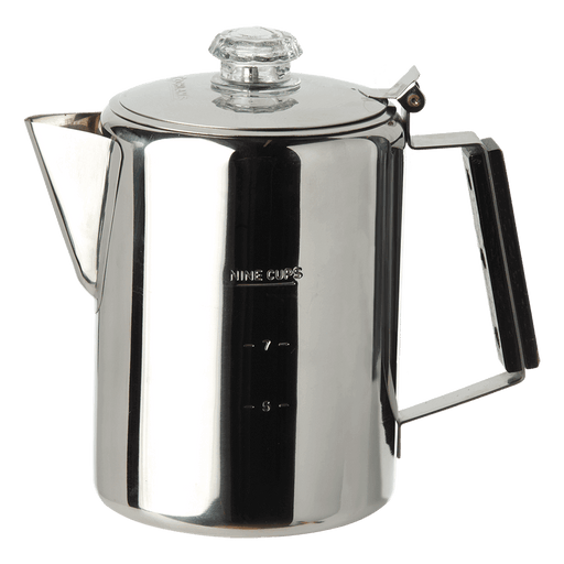 Coghlans 9 Cup Coffee Pot with clear dome and wood handle, made of durable stainless steel, perfect for camping and kitchen use.