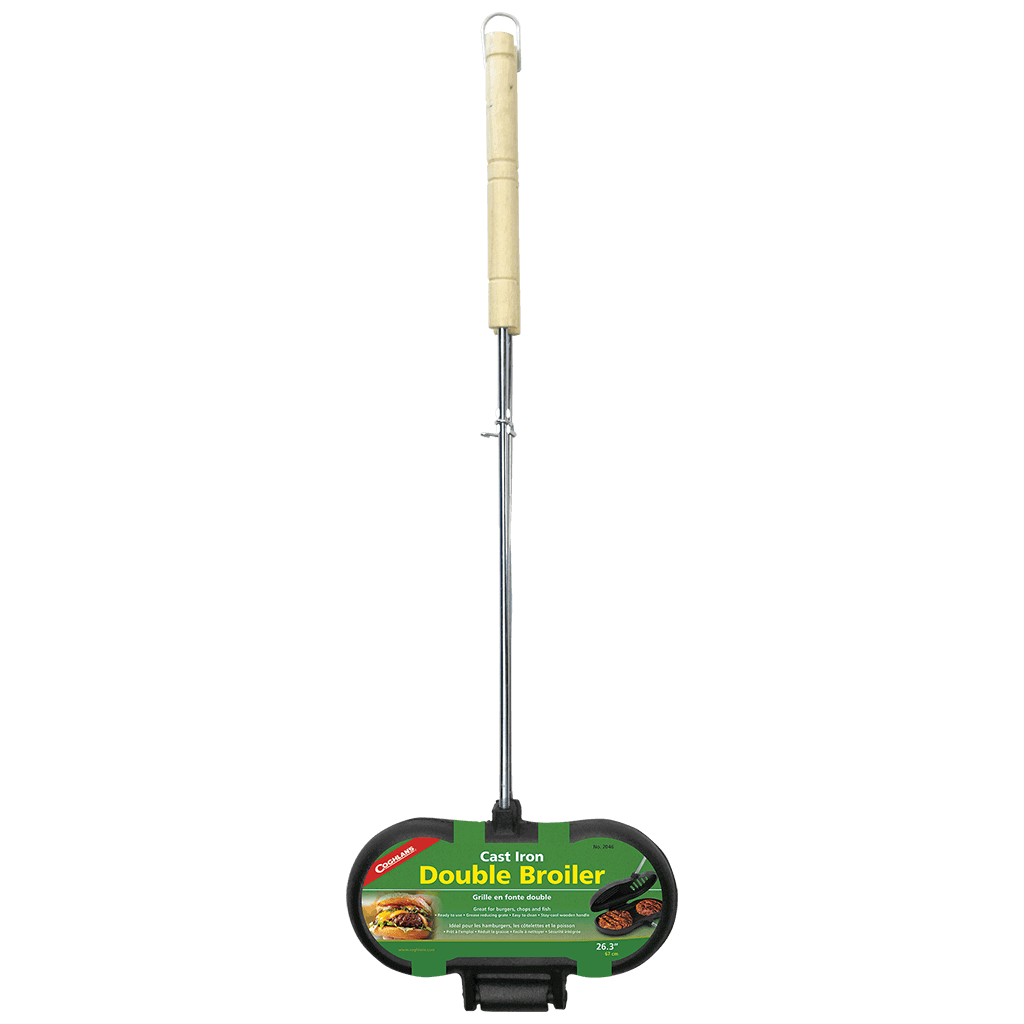 Coghlans Double Cast Iron Broiler from Cabin Depot, ideal for campfire cooking. Features pre-seasoned cast iron and removable design.