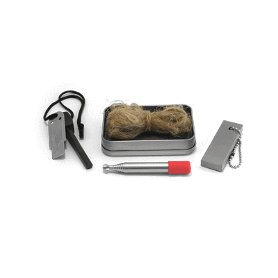 Coghlan's Fire-in-a-Box kit with flint rod, scraper, jute tinder, magnesium bar, and tin from Cabin Depot for easy campfire starting.