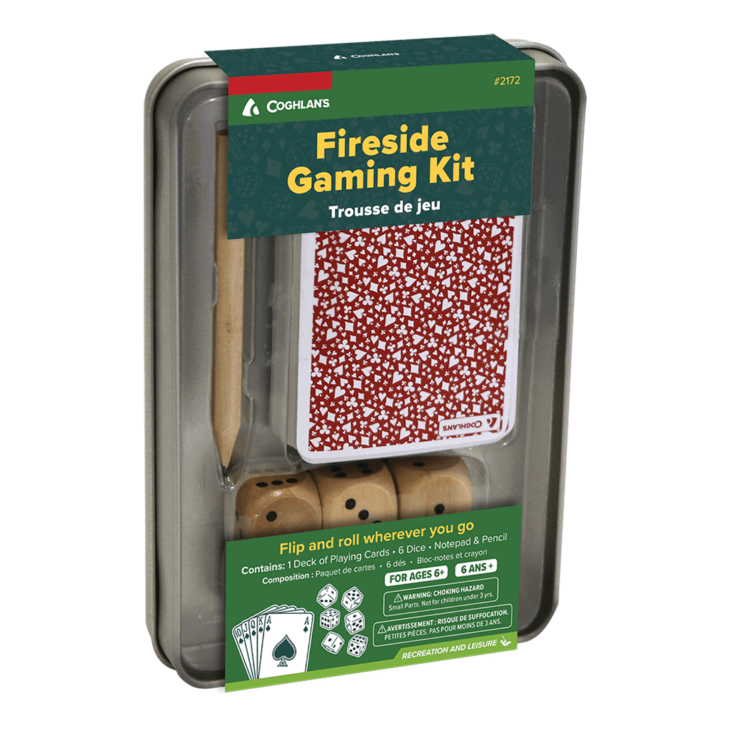 Coghlans Fireside Gaming Kit with cards, dice, notepad, and pencil in reusable tin, available at Cabin Depot.