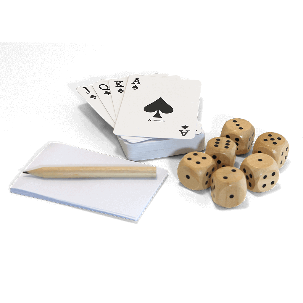 Coghlans Fireside Gaming Set with cards, wooden dice, notepad, and pencil. Perfect for on-the-go games. Available at Cabin Depot.