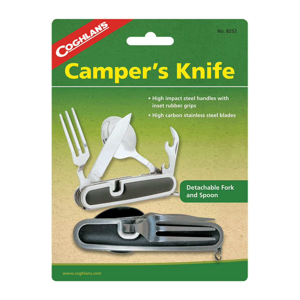 Coghlans Camper's Knife folding cutlery set with detachable fork and spoon, ideal multi-tool for outdoor use, available at Cabin Depot.