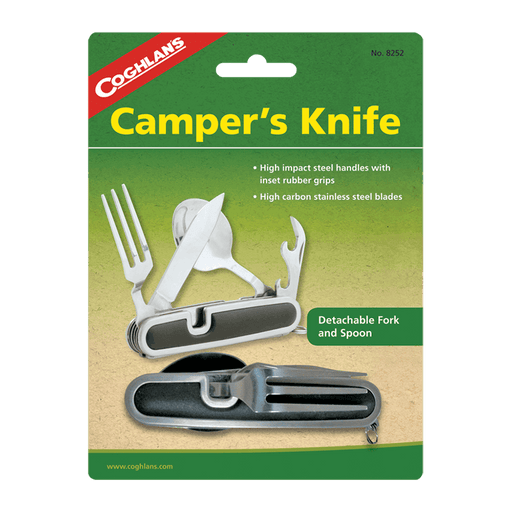 Coghlans Folding Cutlery Set packaging showing knife, fork, spoon, can punch, detachable high impact steel handles with rubber grips.