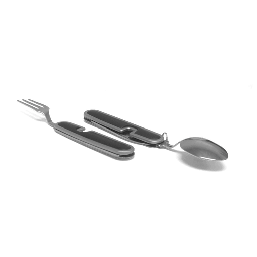 Coghlans Folding Cutlery Set with knife, fork, spoon, and can punch, featuring steel handles and rubber grips for easy storage.