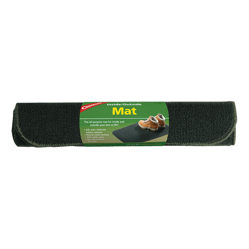 Coghlans Inside/Outside Mat with non-skid rubber backing, 100% olefin, ideal for tents and RVs. Available at Cabin Depot. Size: 1.5’ x 2.33’.