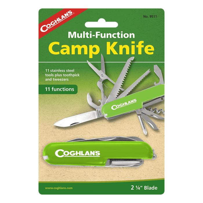 Coghlans multi-function camp knife with 11 tools including knife blade, can opener, scissors, and more in bright green packaging.