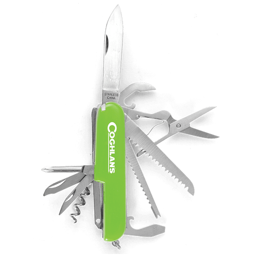 Coghlans 11 Function Multi Knife with tools including knife blade, scissors, saw, file, and more in a compact green design.