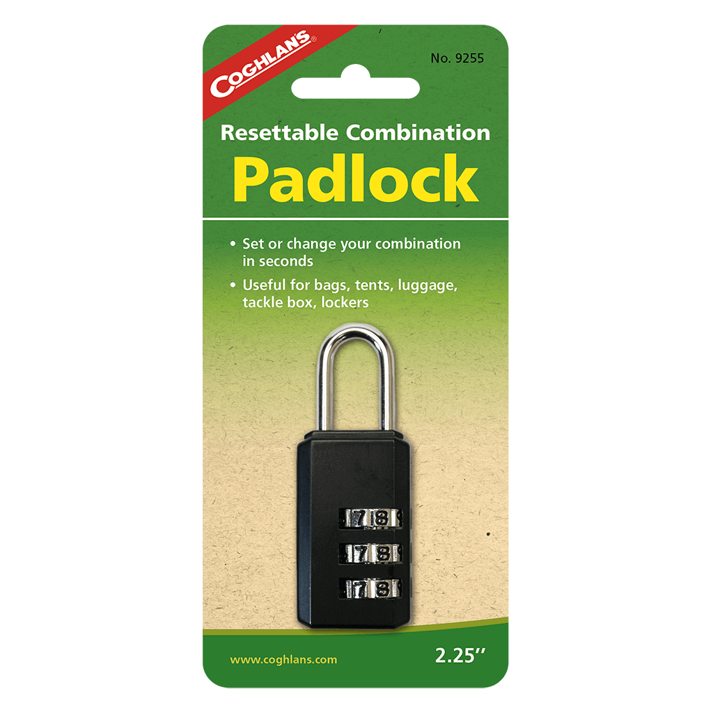 Coghlans adjustable padlock for bags, luggage, and lockers, change combo quickly, ideal for outdoor use, available at Cabin Depot.