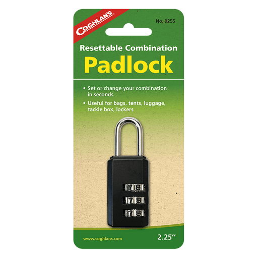 Coghlans adjustable combination padlock packaging, ideal for bags, tents, luggage, tackle boxes, and lockers. Set or change combo easily.