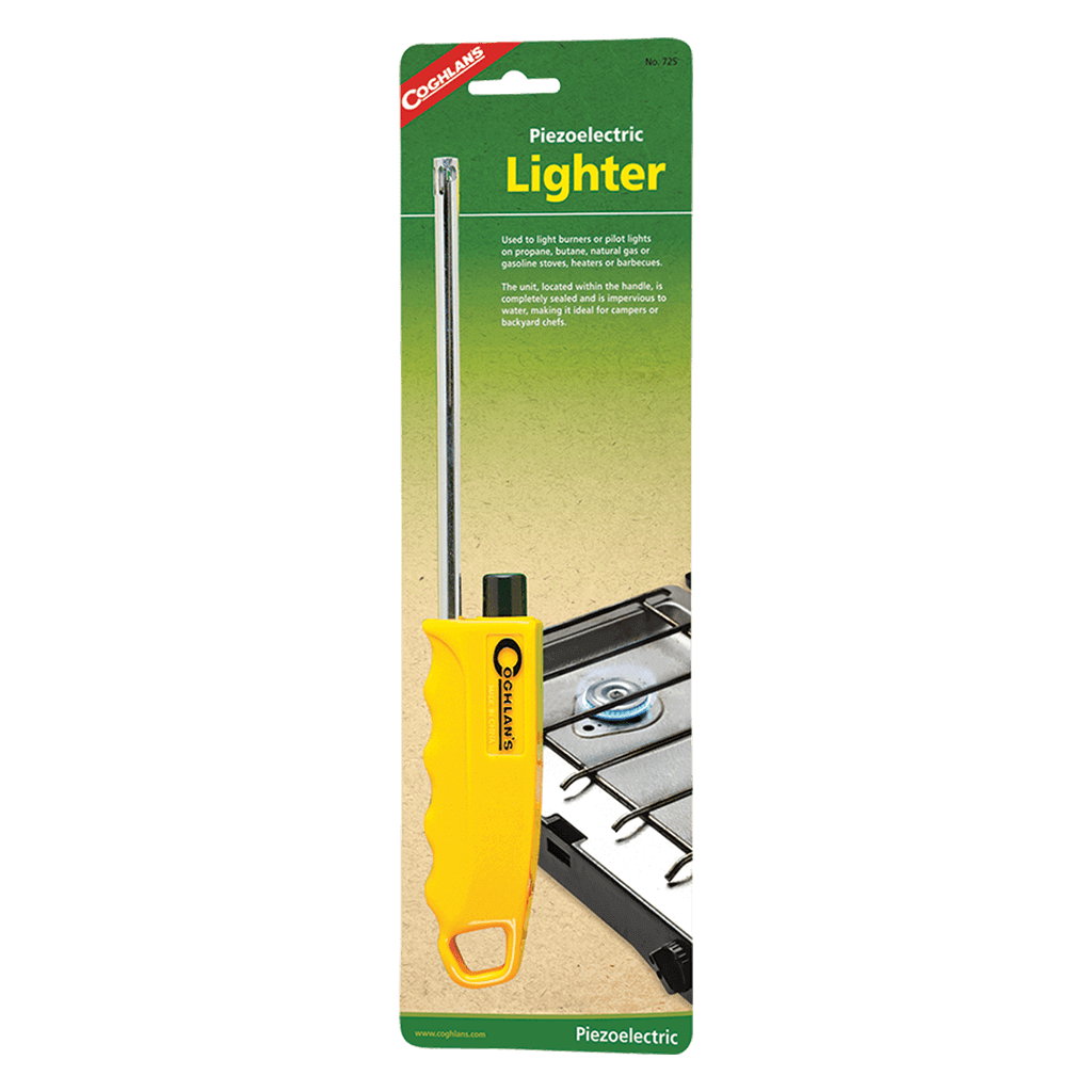 Coghlans Piezo Camp Stove Lighter, ideal for stoves, watertight design, available at Cabin Depot, 11-inch total length.