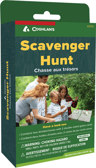 Coghlan's Scavenger Hunt packaging with family playing, includes treasure boxes and game cards for outdoor learning adventure.