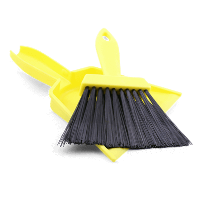 Yellow Coghlans tent whisk and dust pan set designed for compact storage and efficient cleaning in tents or RVs.