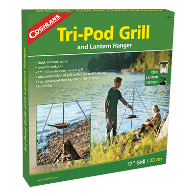 Coghlans Tri-Pod Grill packaging showcasing features like height-adjustable grill and collapsible steel legs for easy storage.