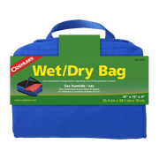 Coghlans Wet Dry Bag in blue with dual compartments displayed by Cabin Depot. Ideal for separating wet and dry garments securely.