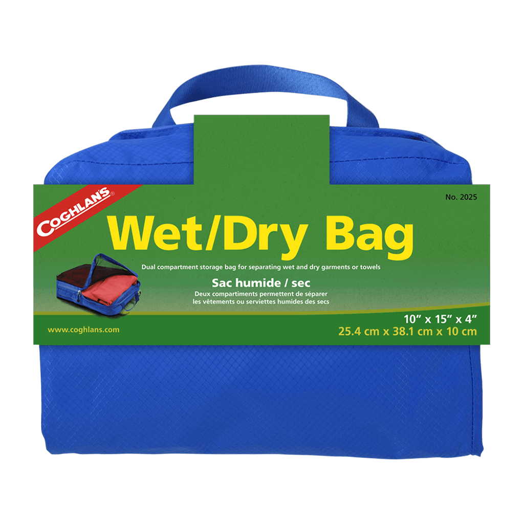 Coghlans Wet Dry Bag in blue with dual compartments displayed by Cabin Depot. Ideal for separating wet and dry garments securely.