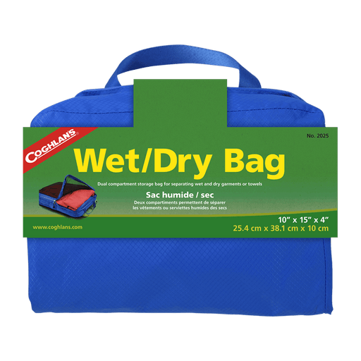 Coghlan's blue wet dry bag with dual compartments and sturdy handle, ideal for organizing wet and dry garments at the beach.