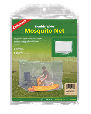 Coghlans Double Wide Green Mosquito Net from Cabin Depot, ideal for indoor and outdoor use, featuring 180 holes/in² mesh for insect protection.