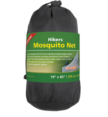 Coghlans Hikers Mosquito Net in carry bag, single point suspension, protective polyester mesh for camping.