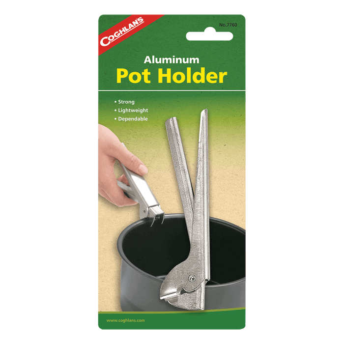 Coghlan's aluminum pot holder packaging with illustration of lightweight, dependable pot holder clamping onto a cooking pot.