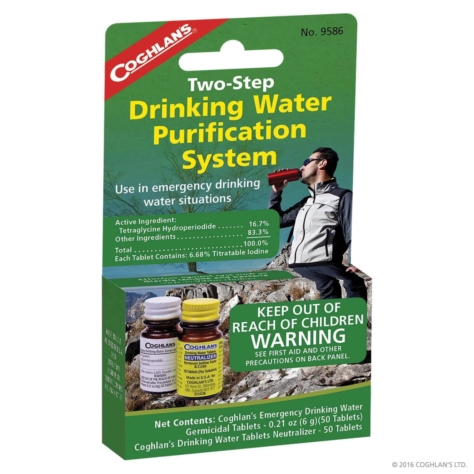 Coghlans Two-Step Drinking Water Purification System from Cabin Depot for emergency use, treats up to 25 quarts, iodine-based tablets.