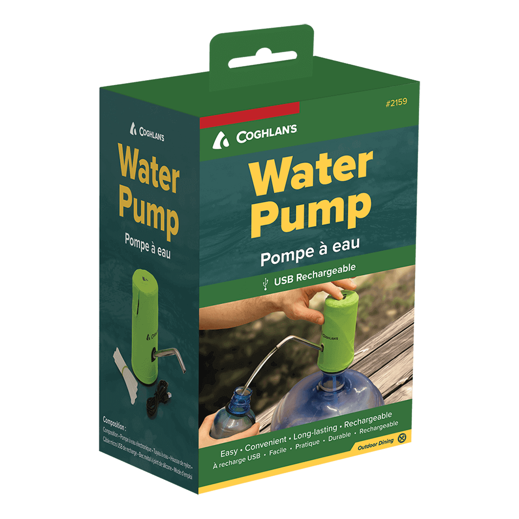 Coghlans Water Pump packaging with USB rechargeable feature, perfect for campsite hydration from Cabin Depot.