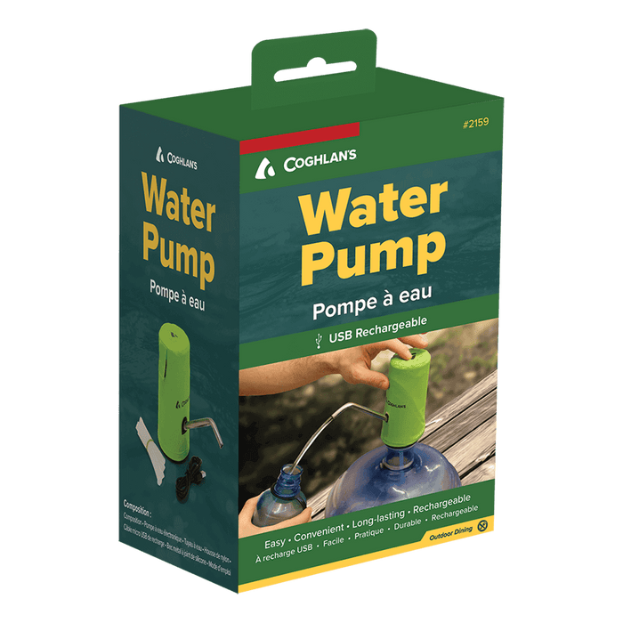 Coghlans USB Rechargeable Water Pump packaging for standard cooler jugs, shown in green box with product features listed.