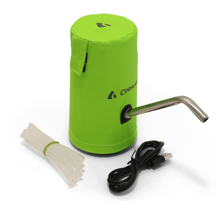 Coghlan's USB-charged electric water pump with spout, green cover, and charging cable for cooler jugs.