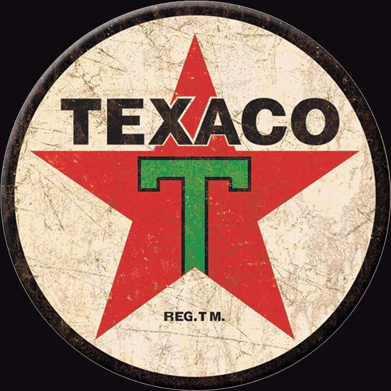 Vintage Texaco logo with red star and green 'T' on a weathered circular background. Retro gasoline sign design.