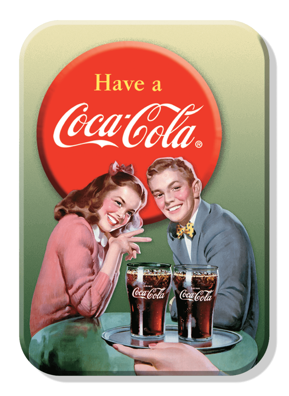 Vintage Coca-Cola advertisement with two glasses on a tray held by a smiling couple, retro style, "Have a Coca-Cola" slogan.