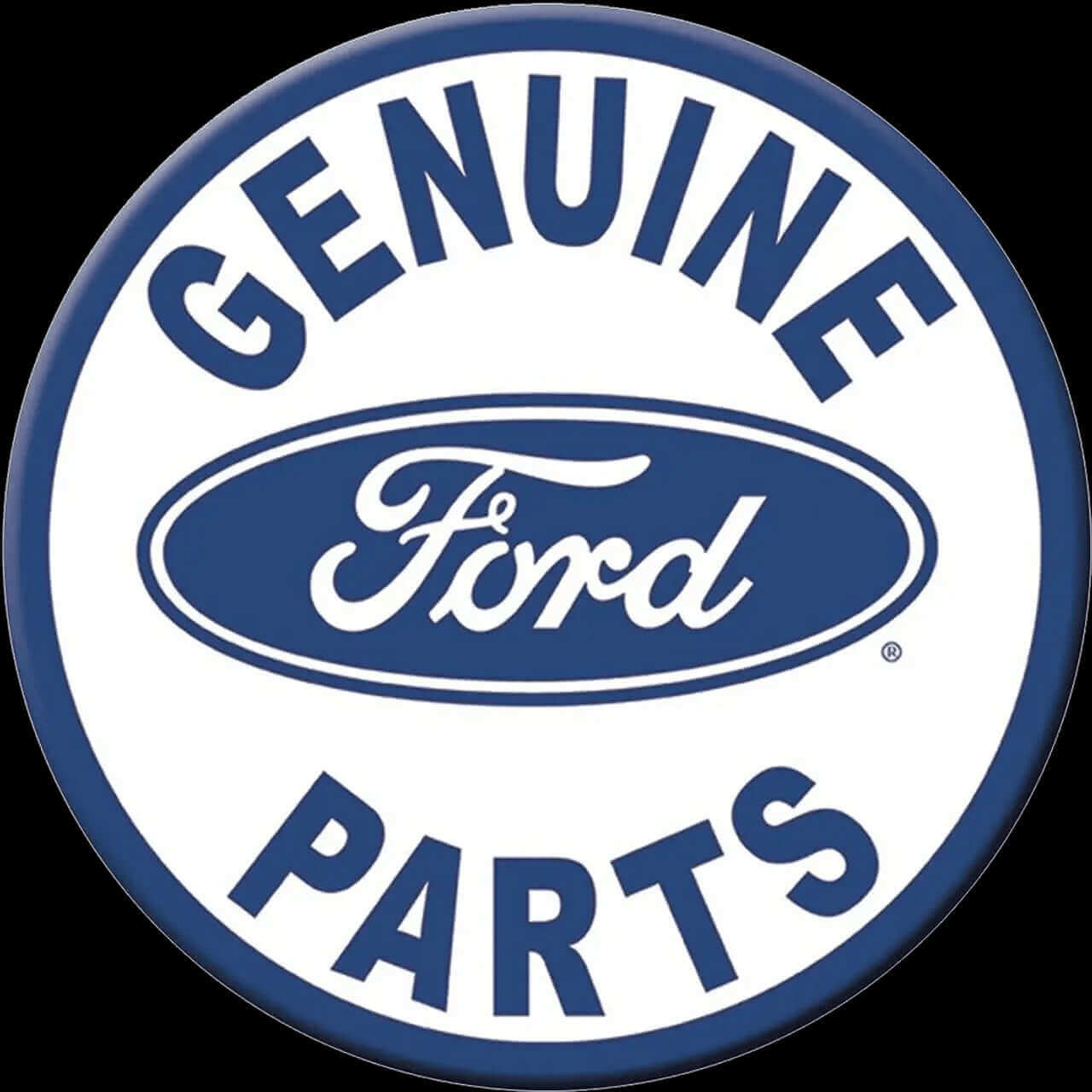 Round sign with Genuine Ford Parts logo in blue and white.