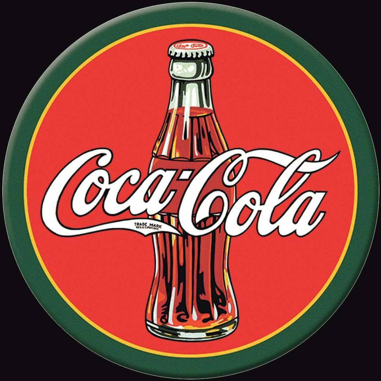 Vintage Coca-Cola bottle logo on a red circular magnet, perfect for bar and cabin decor from Cabin Depot.