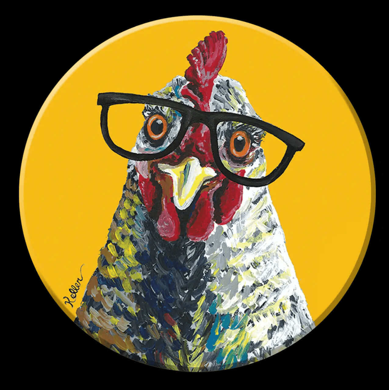 Decorative magnet featuring a colorful chicken wearing glasses, perfect for adding humor to home decor - Cabin Depot exclusive.