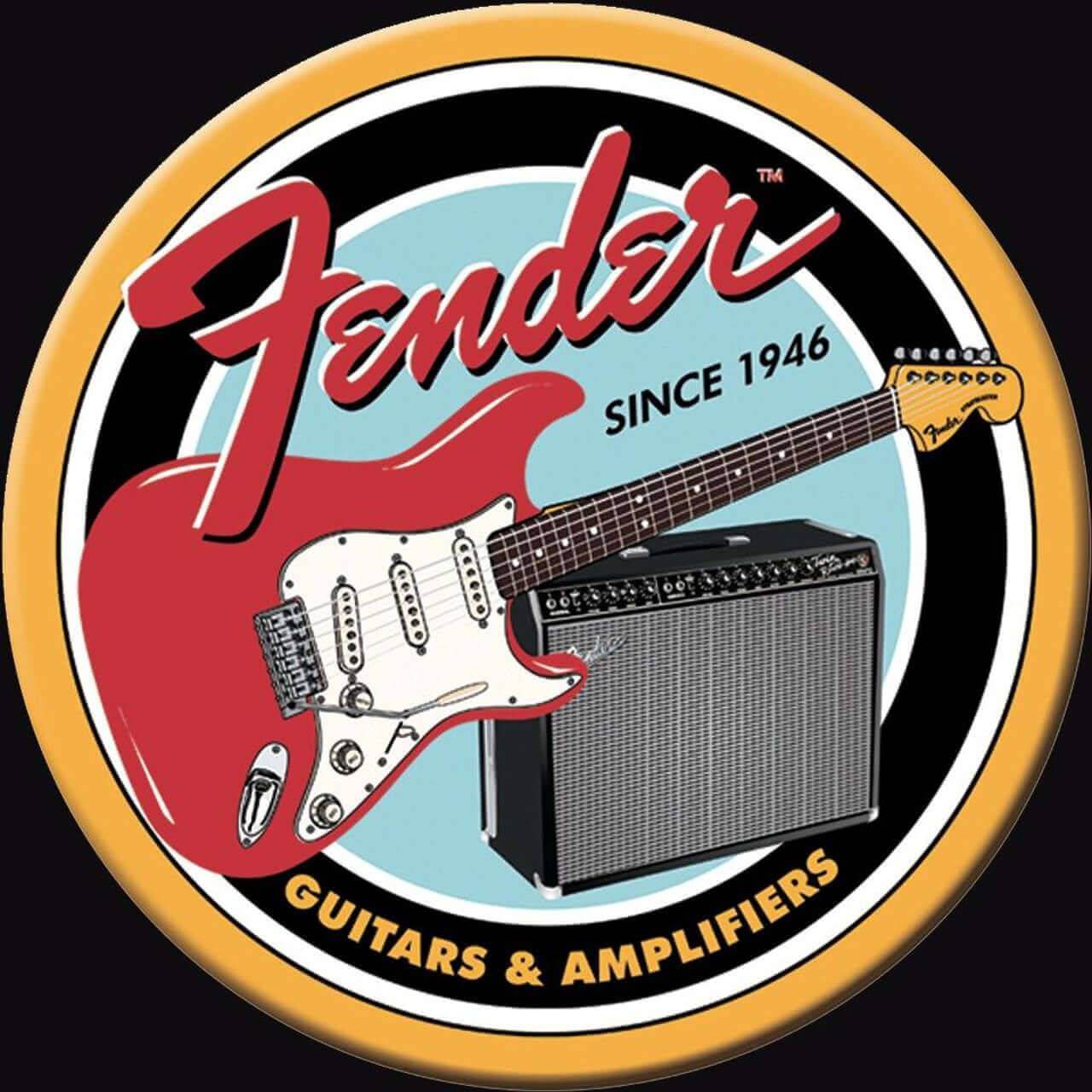 Fender logo with red electric guitar and amplifier, text 'Since 1946', 'Guitars & Amplifiers'. Iconic music brand emblem.