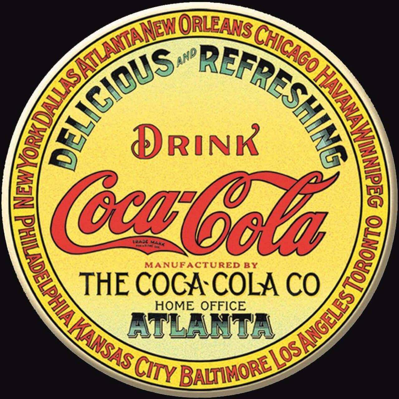 Vintage Coca-Cola sign featuring various city names and the slogan 'Delicious and Refreshing'.