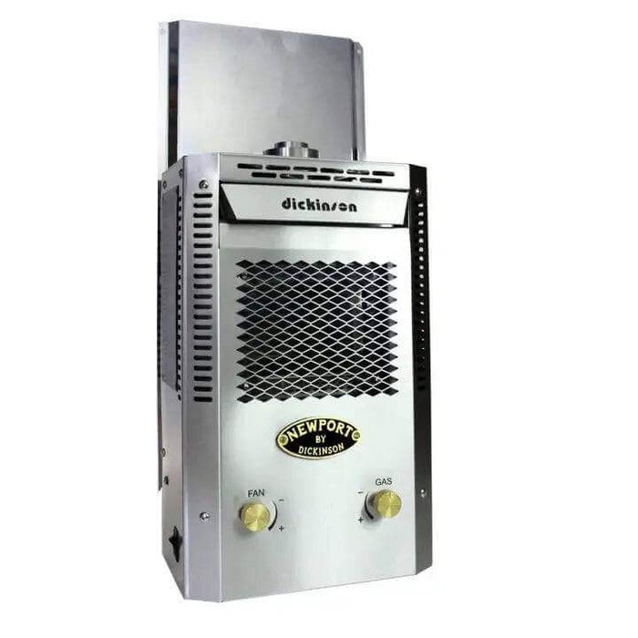 Newport Explorer Propane Fireplace Heater by Dickinson Marine for RVs, cabins, and marine use, stainless steel build.