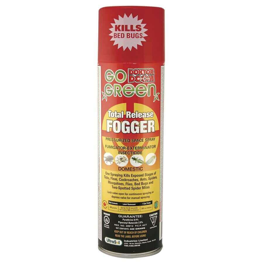 Doktor Doom Go Green Total Release Fogger 400g, kills bed bugs and insects. Available at Cabin Depot.
