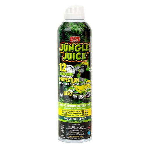 Doktor Doom Jungle Juice 200g DEET Free Tick and Mosquito Repellent with 12-hour protection and Icaridin formula in spray can.